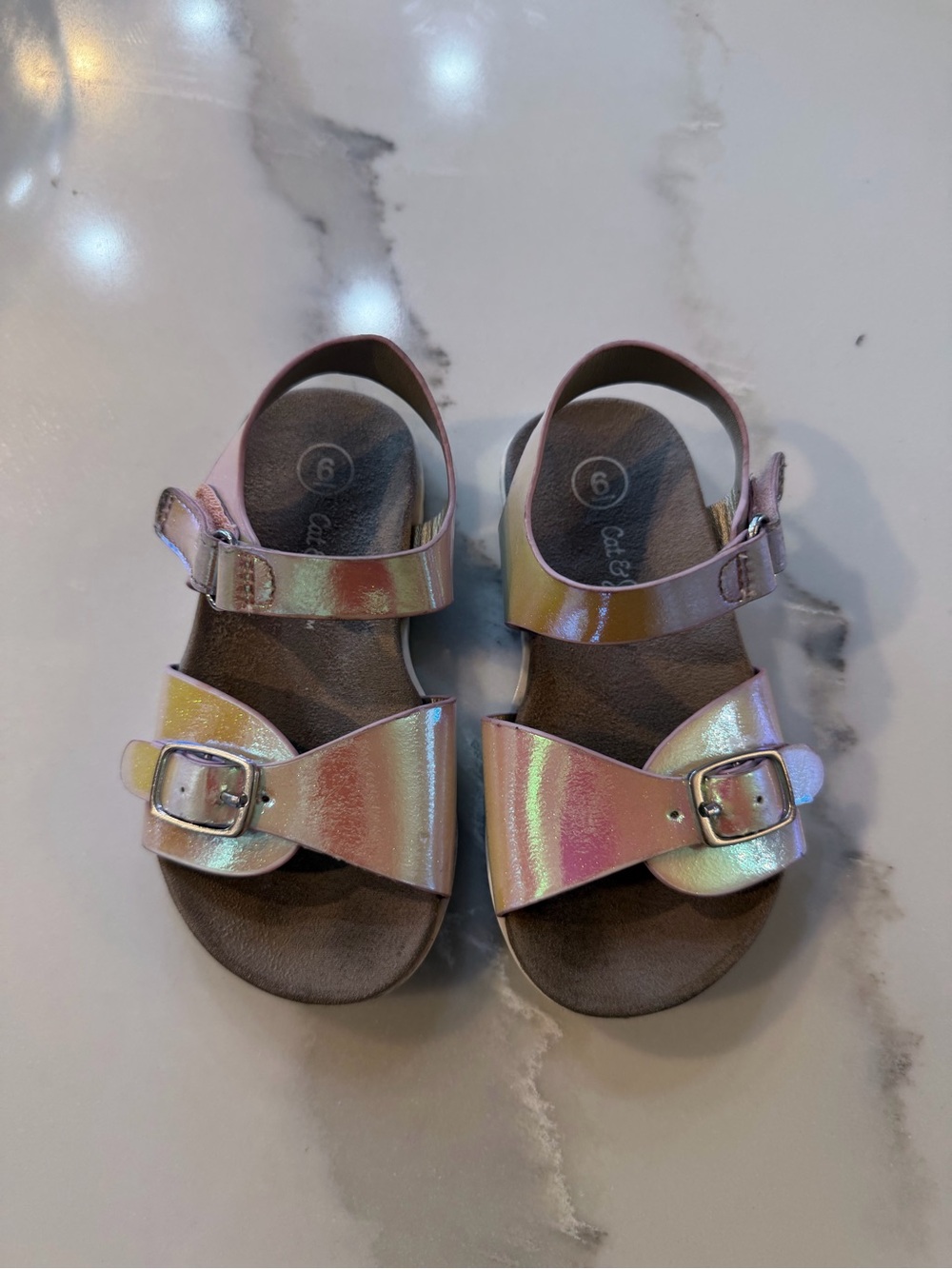 Cat & Jack Iridescent Pink Pearl Kids Buckle Sandals - Target - Picture 3 of 15